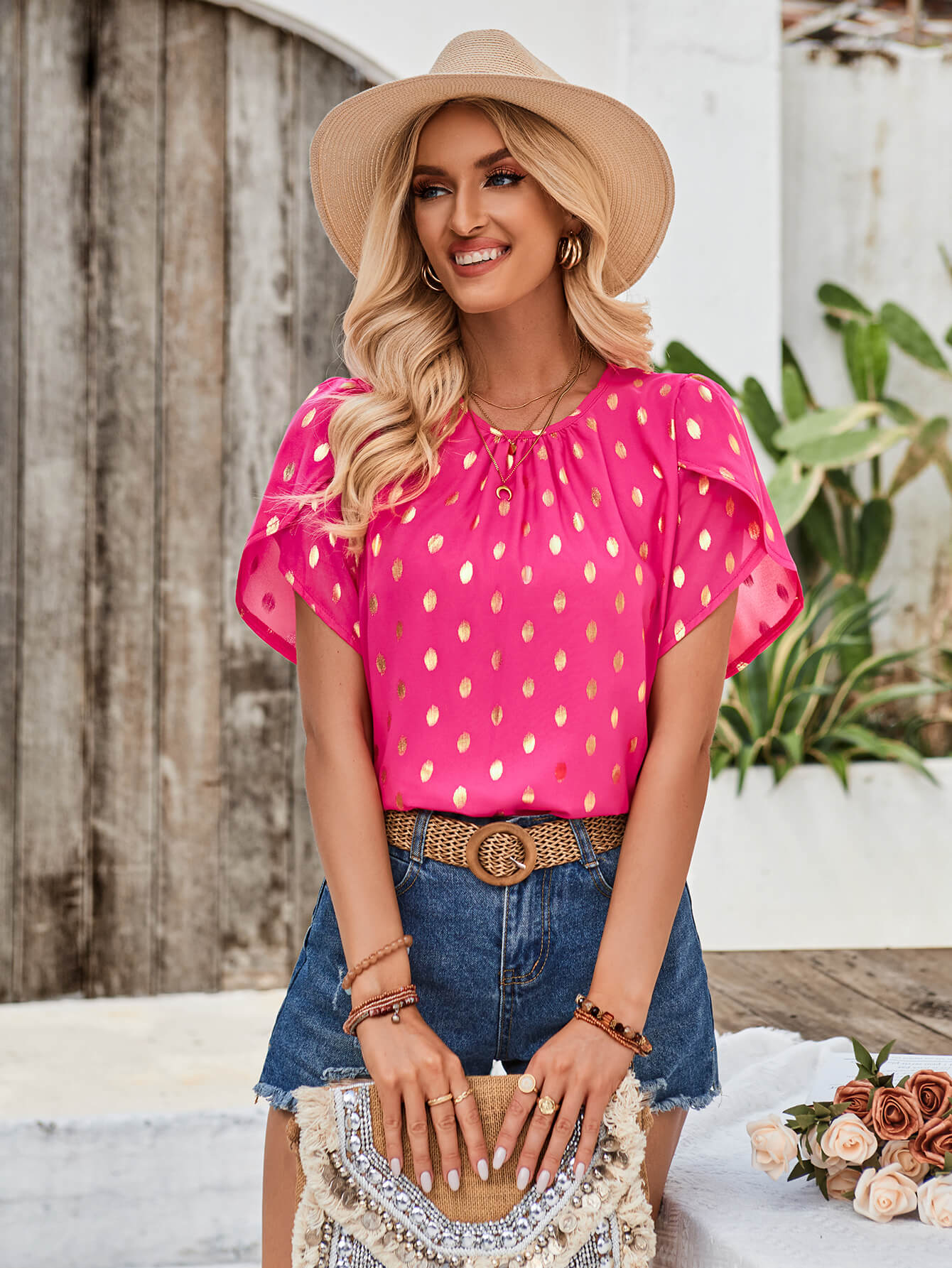 Kaylee Polka Dot Short Sleeve Top - Fuchsia