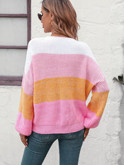 Milton Contrast Striped Pullover Sweater - Pink