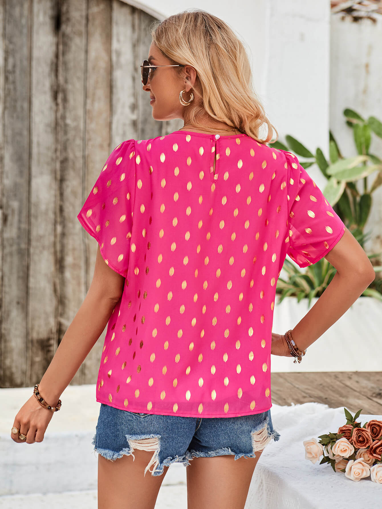 Kaylee Polka Dot Short Sleeve Top - Fuchsia