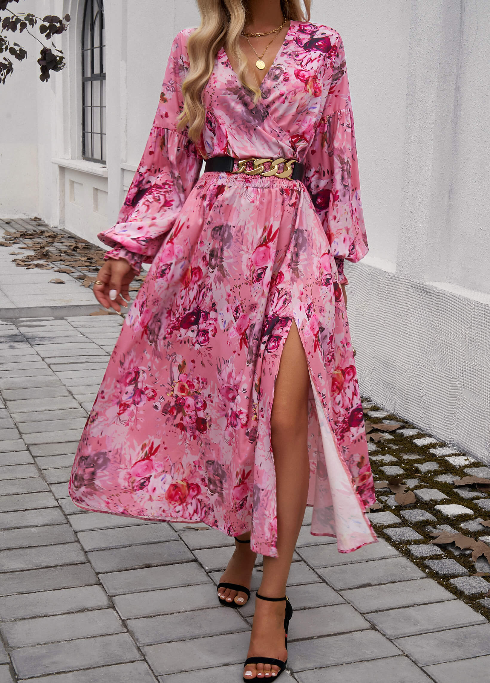 Lisette V-Neck Floral Print Tiered Maxi Dress - Pink