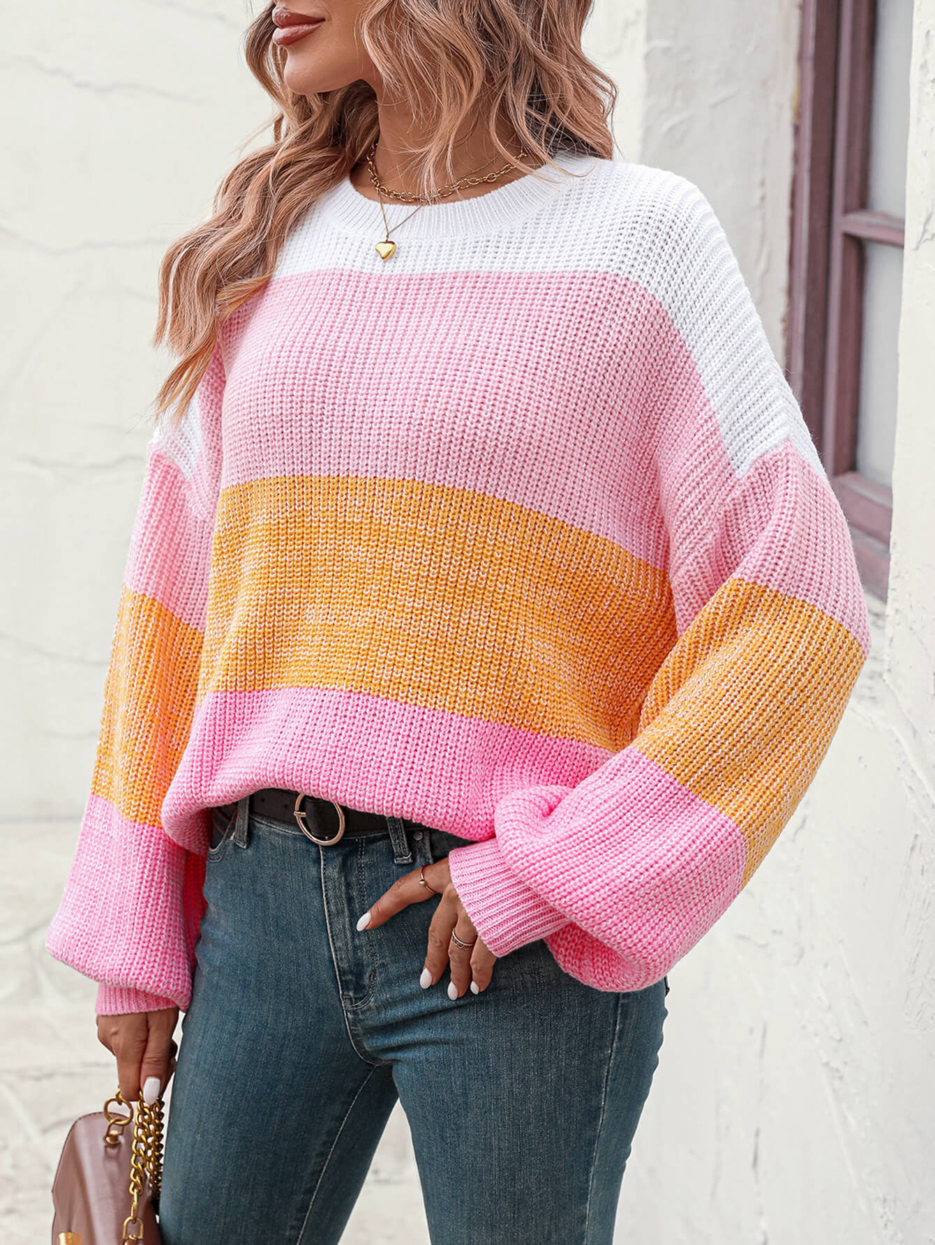 Milton Contrast Striped Pullover Sweater - Pink