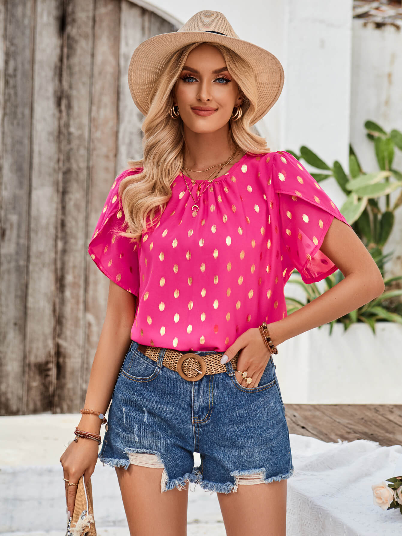 Kaylee Polka Dot Short Sleeve Top - Fuchsia