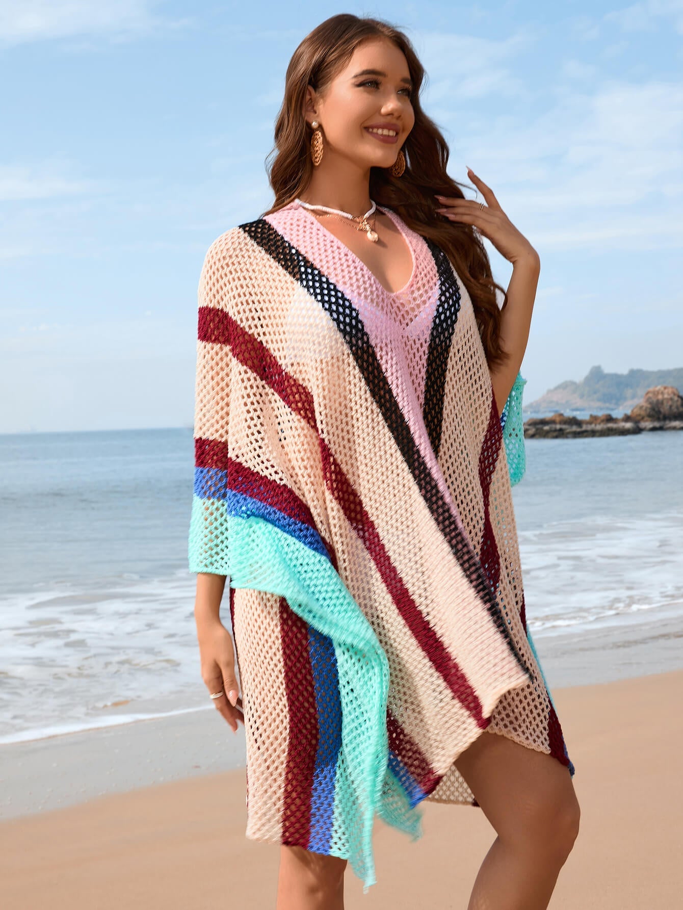 Calypso Stripe Knit Crochet Kimono - Pink