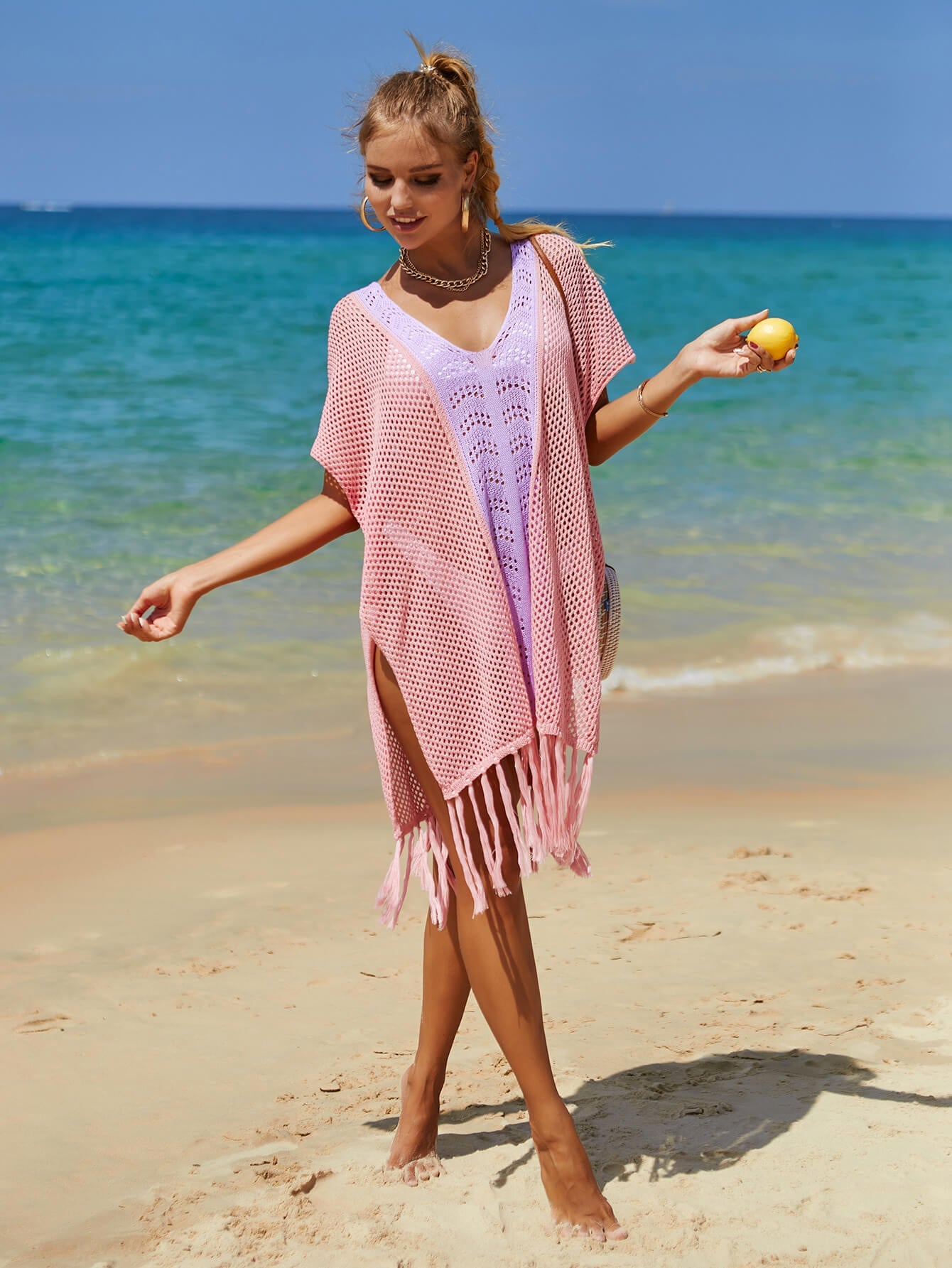 Cruise Oversized Knit Fringe Sweater - Pink