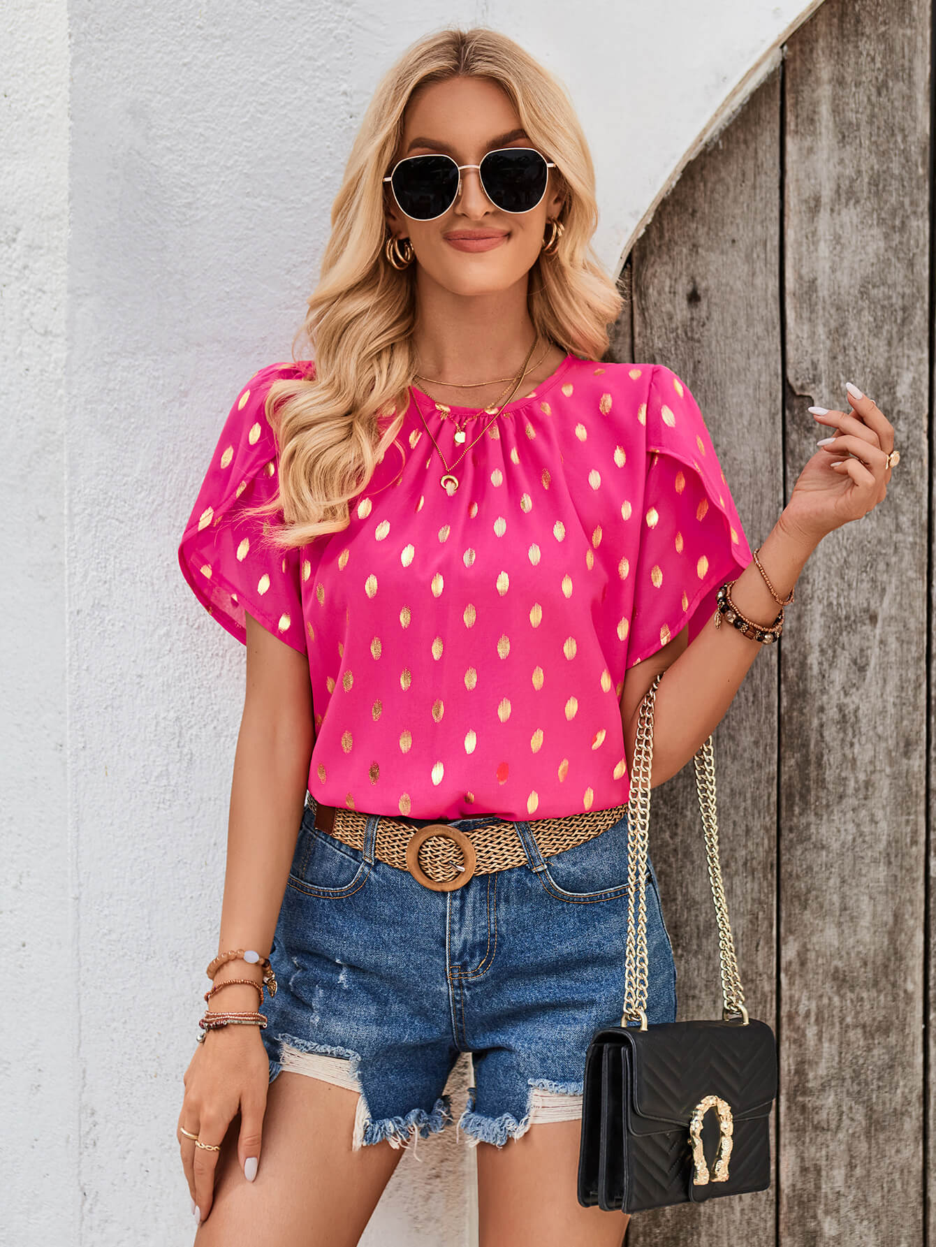 Kaylee Polka Dot Short Sleeve Top - Fuchsia