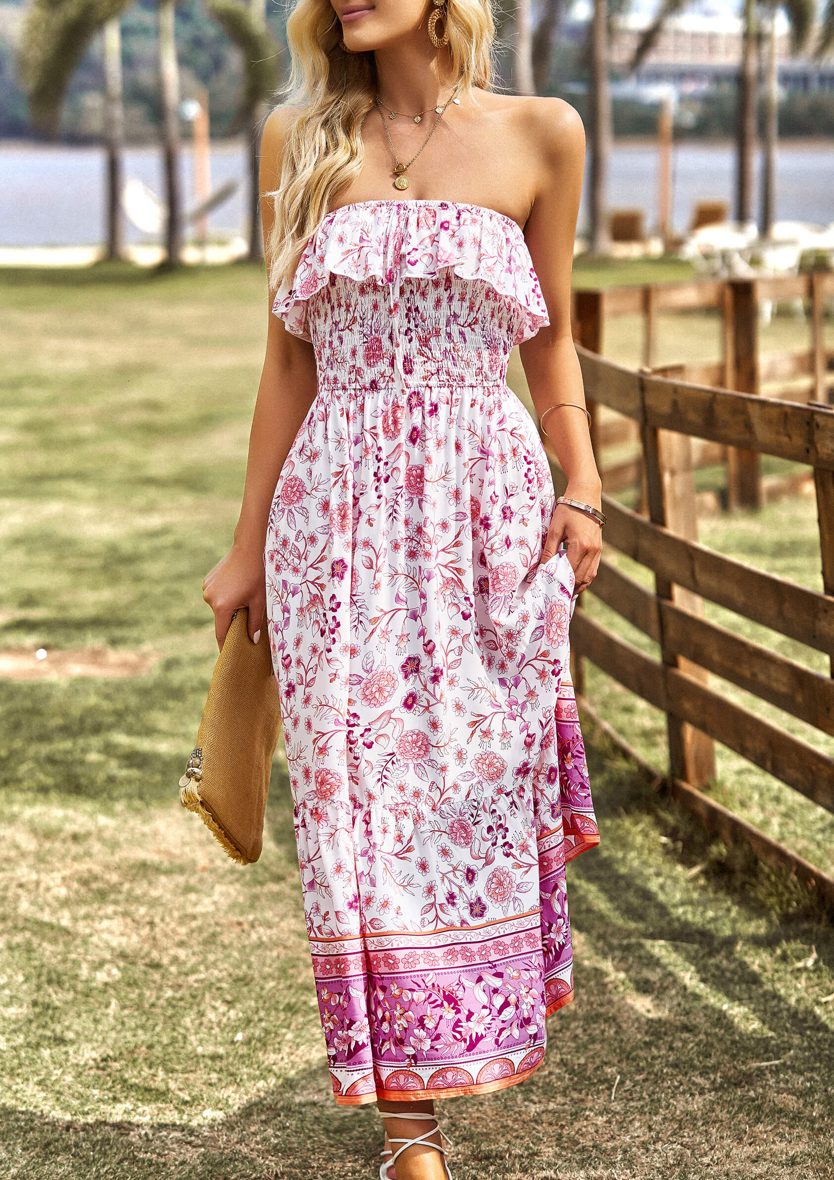 MARISA FLORAL OFF THE SHOULDER MAXI DRESS - PINK