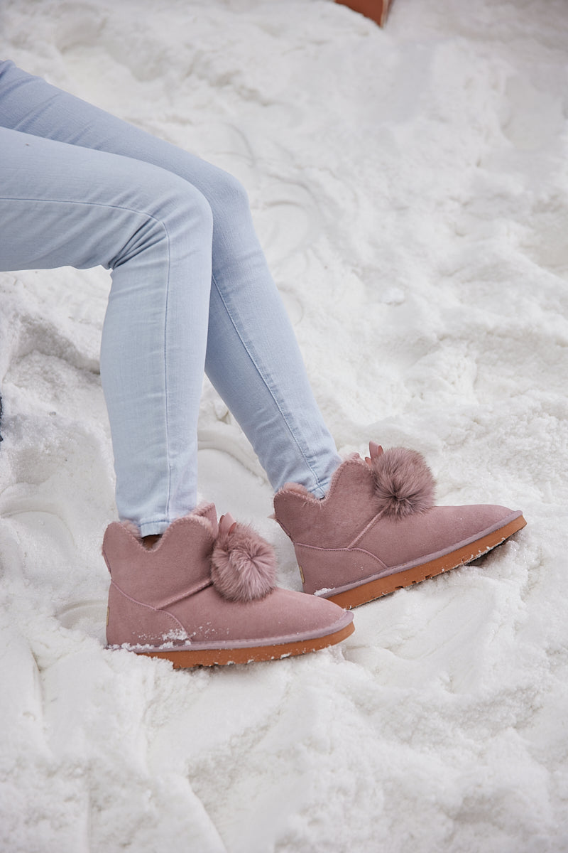 SMAIBULUN Ugg | Faux Fur Balls Suede Boot - Pink