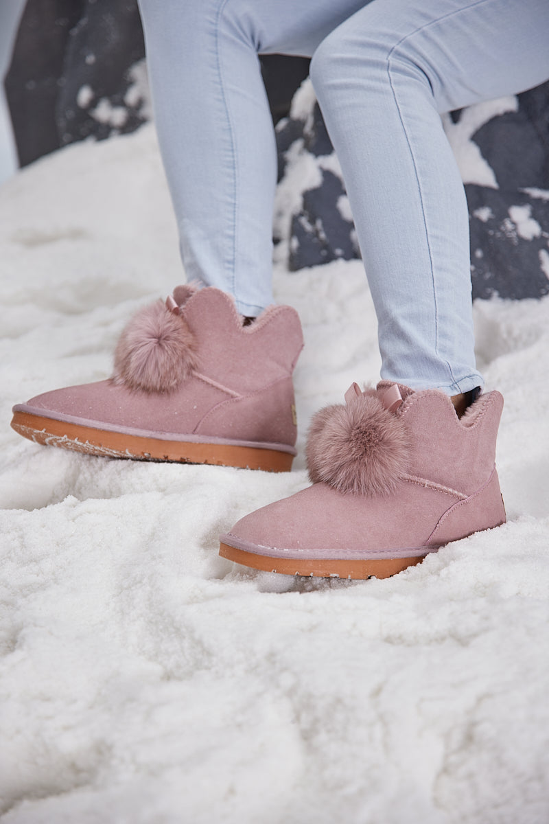 SMAIBULUN Ugg | Faux Fur Balls Suede Boot - Pink