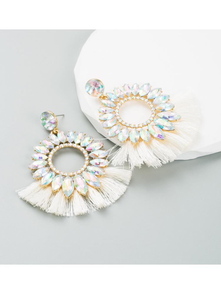 Naomi Sunflower Shape Diamante Tassel Earrings