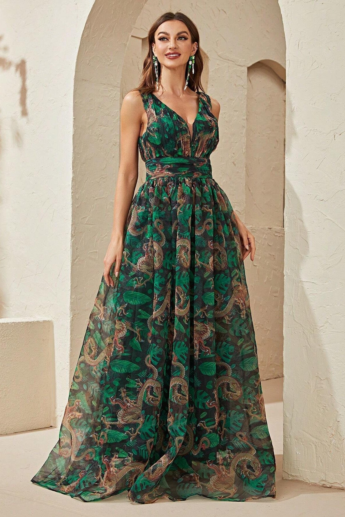 Floral Cami V-neck Pleated Maxi Dress