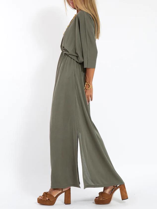 Women's Casual Solid Color V Neck Slit Dress