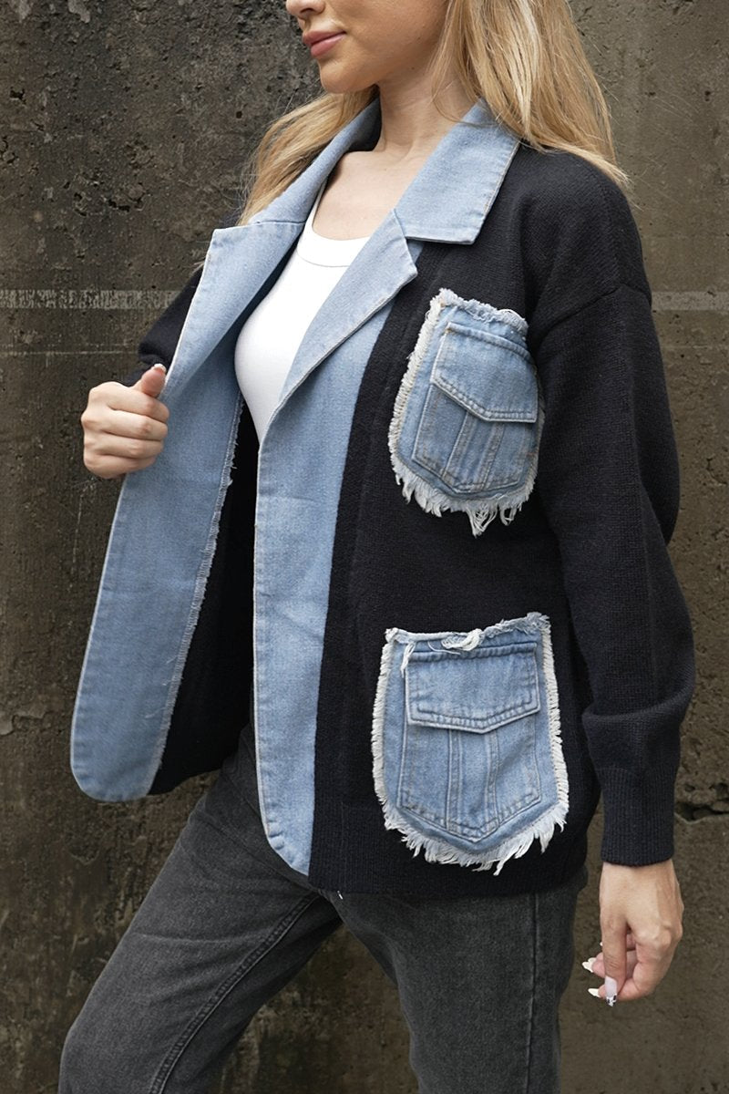 Women's knitted denim patchwork jacket