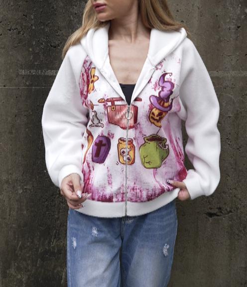 Women's Hooded Long Sleeve Halloween Printed Casual Zipper Sweatshirt