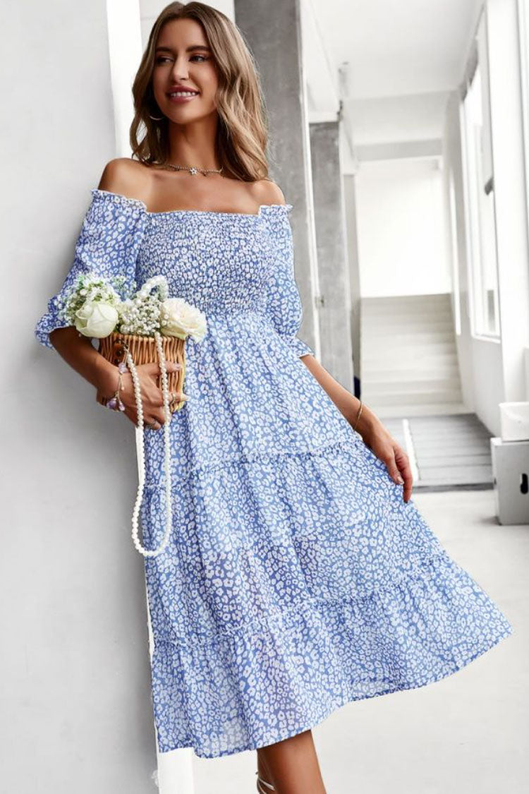 Prairie Off Shoulder Smocked Floral Printed Boho Chic Midi Dress - Blue