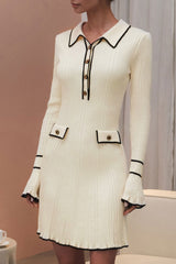 Preppy Chic Contrast Collar Button Up Long Sleeve Ribbed Knit Sweater Mini Dress - Beige