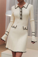 Preppy Chic Contrast Collar Button Up Long Sleeve Ribbed Knit Sweater Mini Dress - Beige