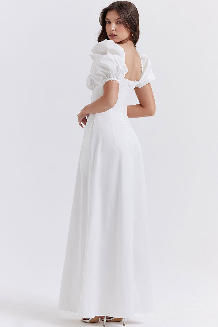 Pretty Tie Neck Puff Sleeve Solid White Puff Sleeve Summer Maxi Sundress - White