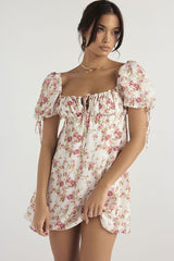 Pretty Tie Strap Puff Sleeve Printed Babydoll Mini Sundress - Floral