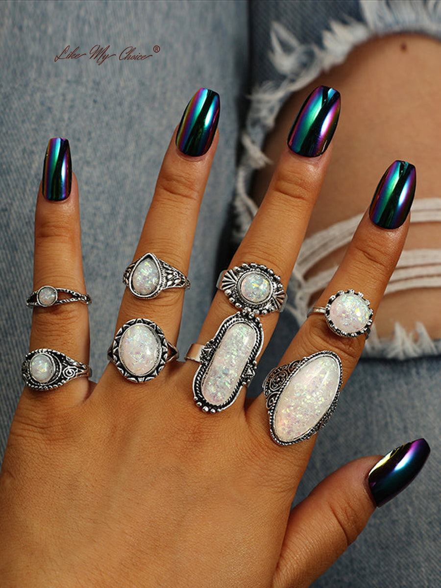 Bohemian Opal Stone Boho Ring Set 8pcs