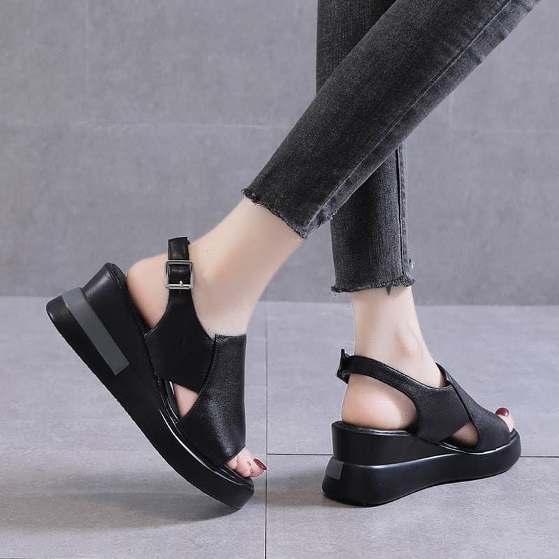 Wedge Shoes for Women Sandals Solid Color Open Toe High Heels Casual Ladies Buckle Strap Fashion Female Sandalias