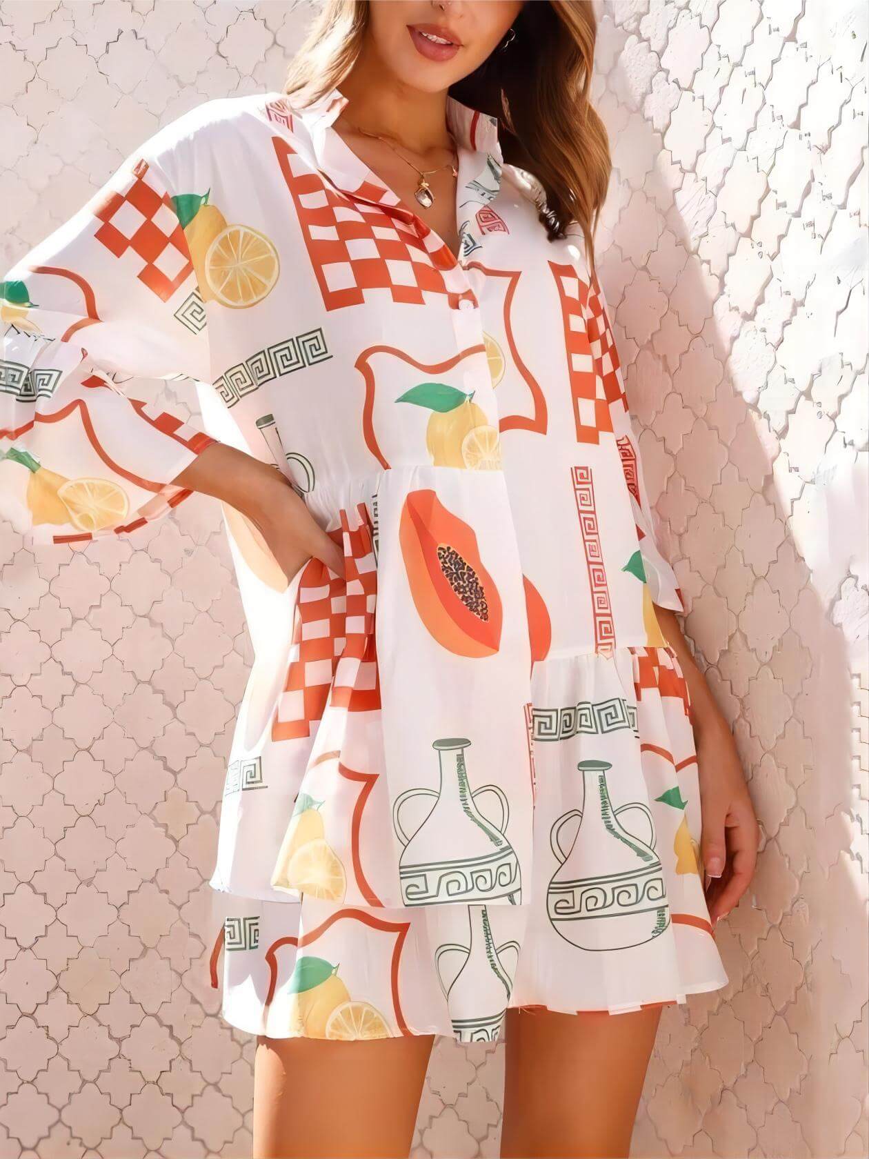 Sunny Siesta - Ethnic Style Loose Shirt Short Dress