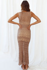 Sleeveless Crochet Openwork Knit Maxi Beach Vacation Dress - Dark Khaki