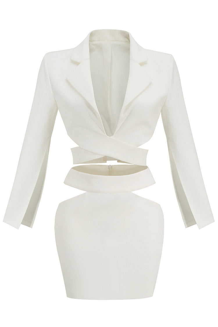 Puff Sleeve Cutout Wrap Front Blazer Mini Two Piece Dress - White