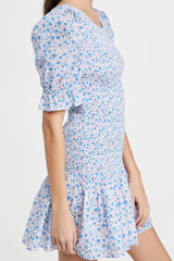 Puff Sleeve Ditsy Floral Smocked Summer Mini Dress - Blue