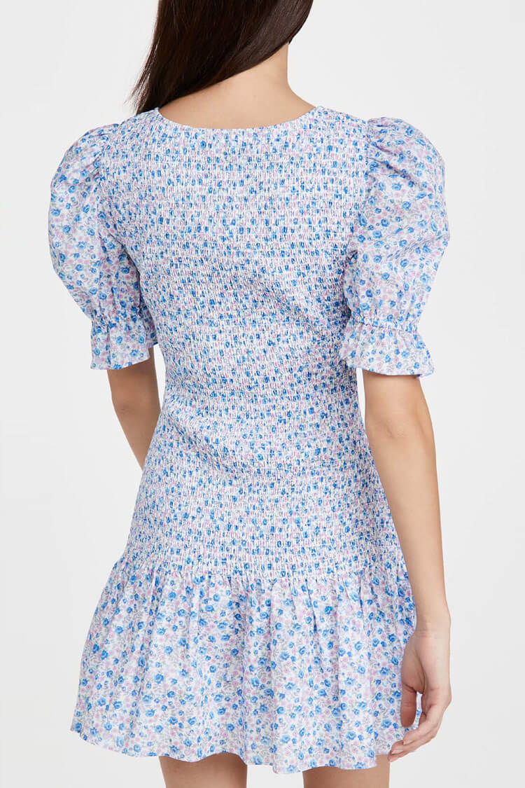 Puff Sleeve Ditsy Floral Smocked Summer Mini Dress - Blue