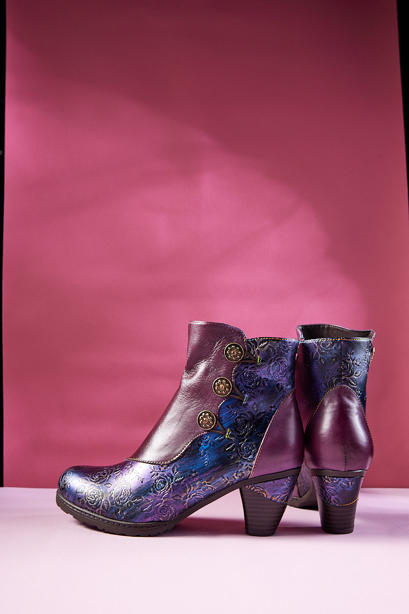 Soffia | Rosalind Rose Embossed Leather Ankle Boots - Purple