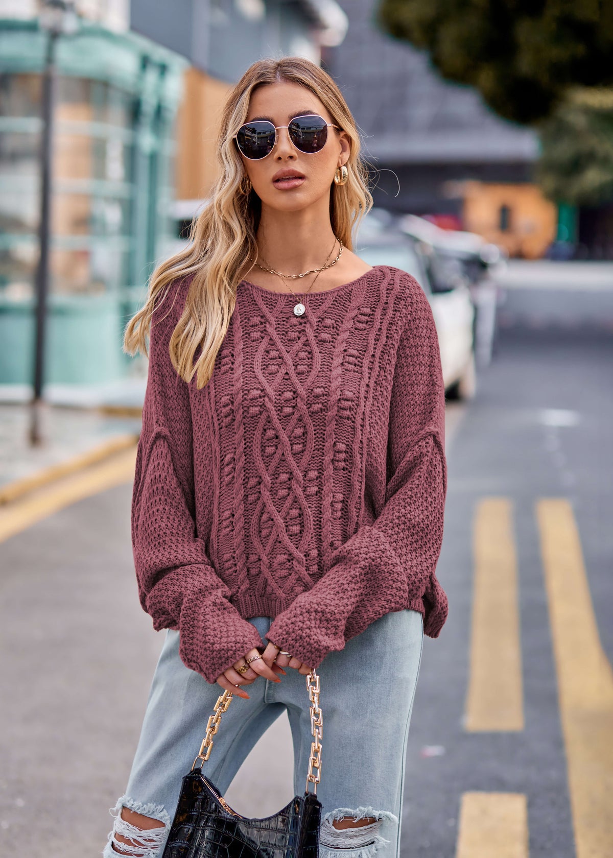 Carlton Cable Knit Sweater - Mulberry