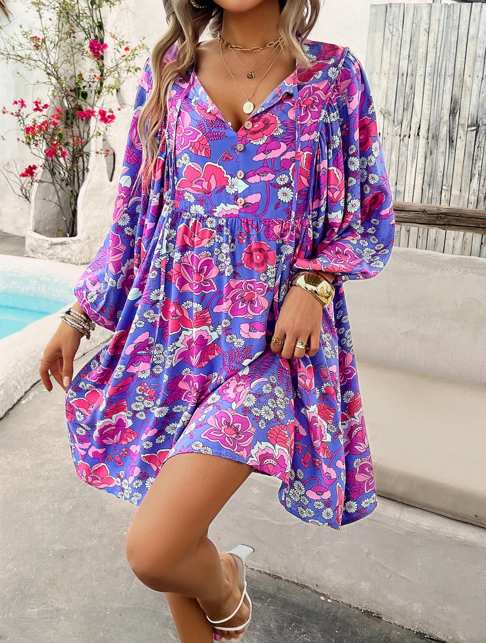 Athena Floral Boho Mini Dress - Purple