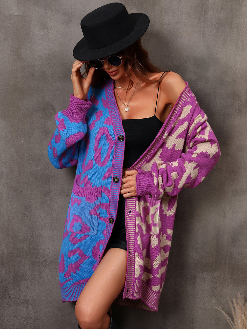 Hollis Leopard Knit Long Cardigan - Purple