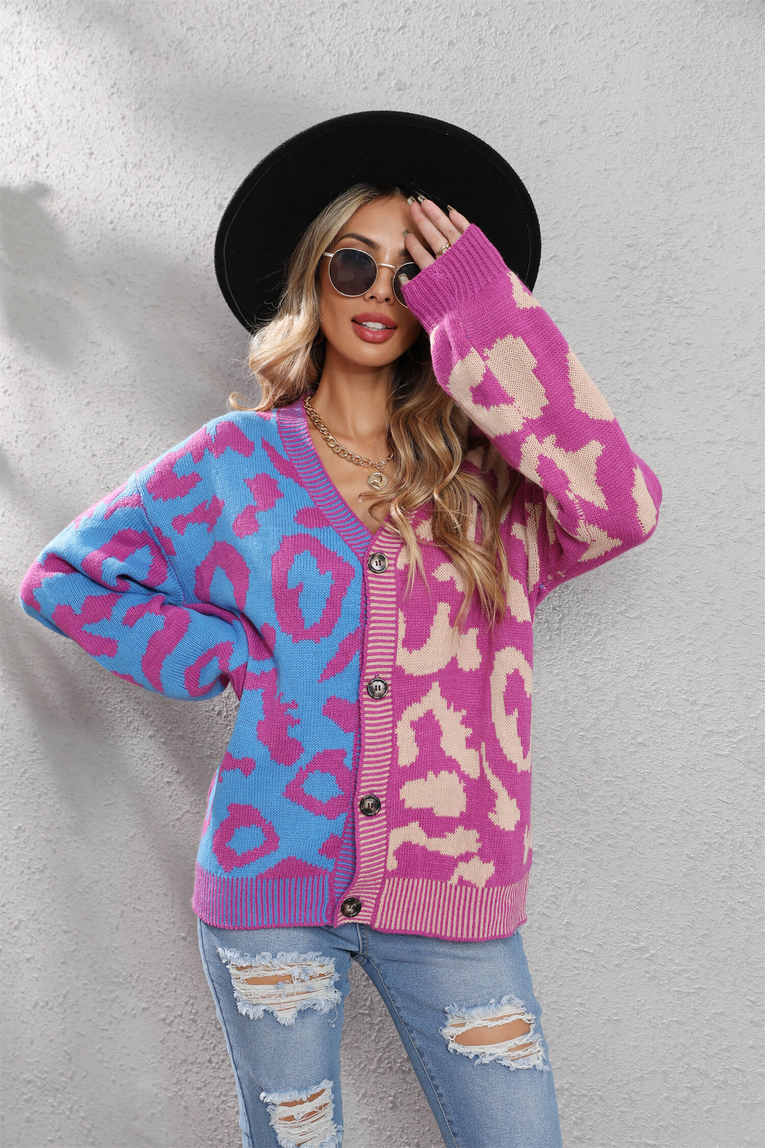 Janelle Leopard Button Up Knit Cardigan - Purple