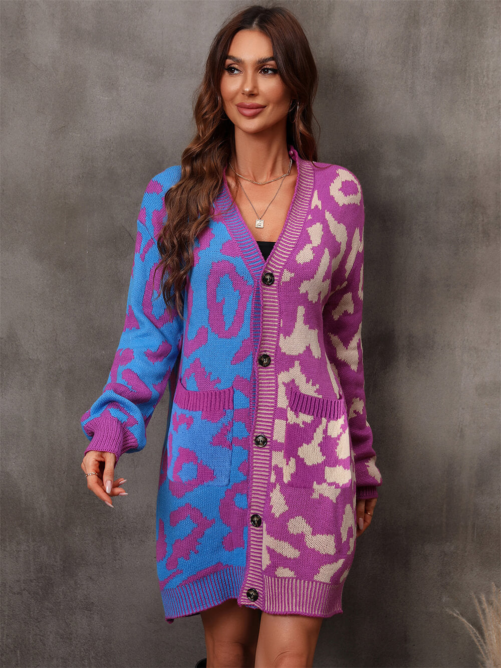 Hollis Leopard Knit Long Cardigan - Purple