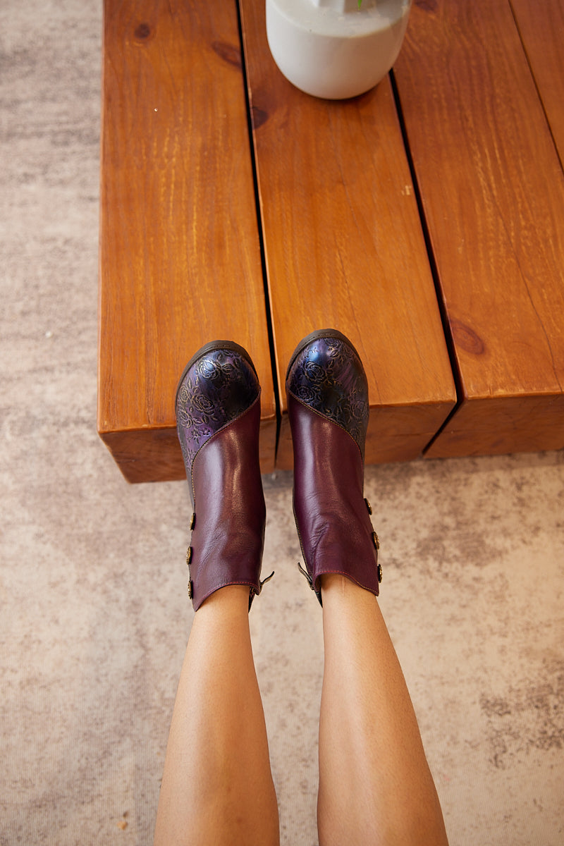 Soffia | Rosalind Rose Embossed Leather Ankle Boots - Purple