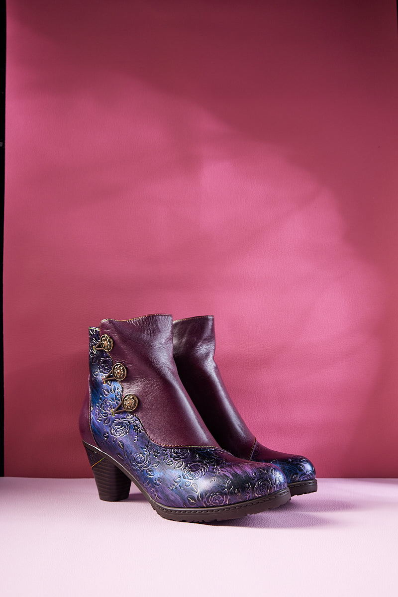 Soffia | Rosalind Rose Embossed Leather Ankle Boots - Purple