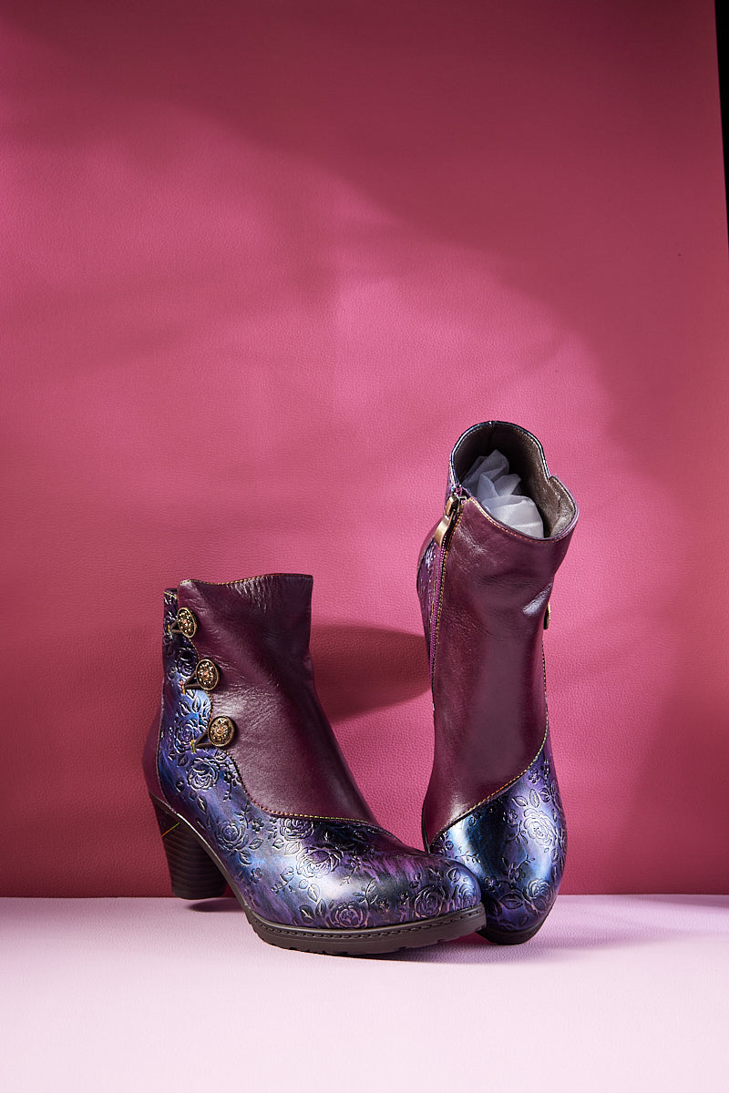 Soffia | Rosalind Rose Embossed Leather Ankle Boots - Purple