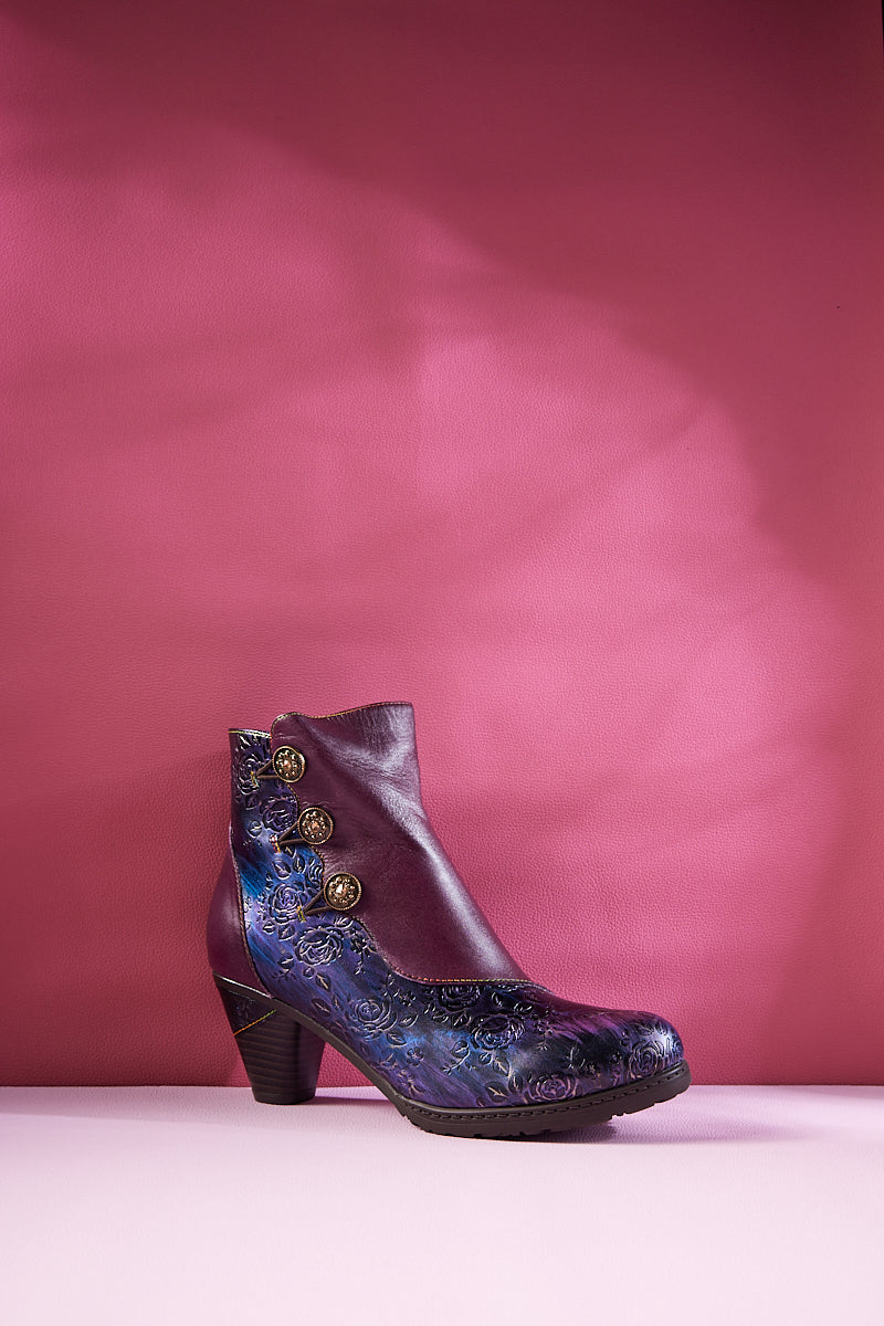 Soffia | Rosalind Rose Embossed Leather Ankle Boots - Purple