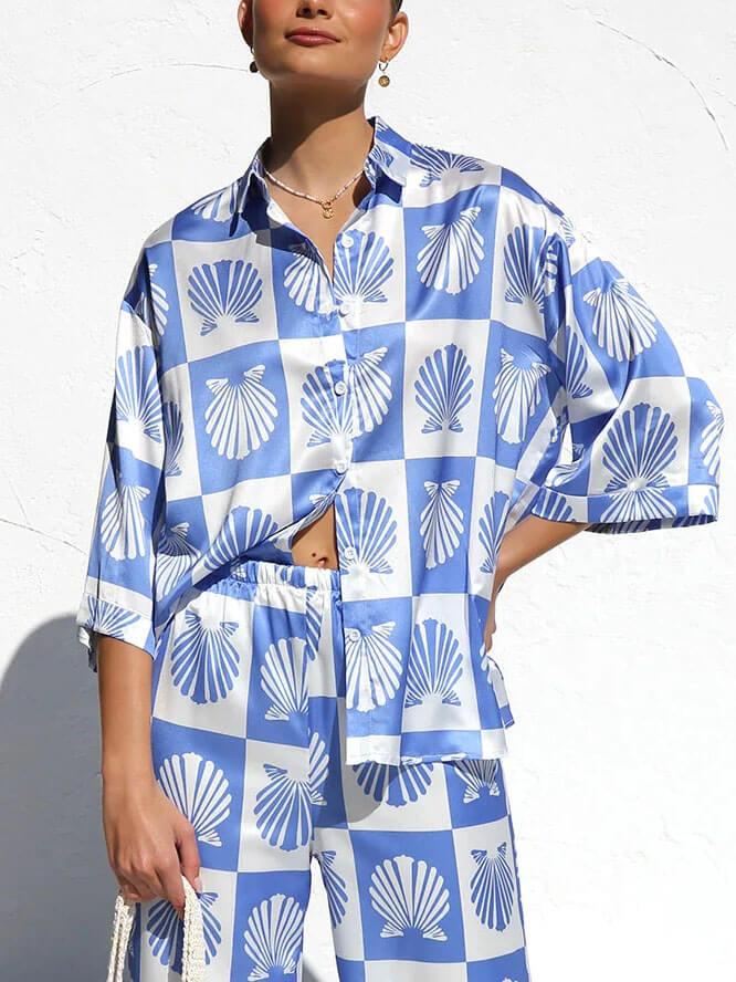 Special Satin Shell Print Button-Down Shirt