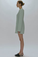 Quiet Luxury Crew Neck Single Breasted Long Sleeve Mini Dress -Lake Blue