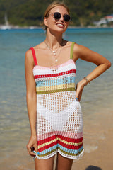 Rainbow Striped Open Knit Crochet Beach Vacation Mini Sundress - Multicolor