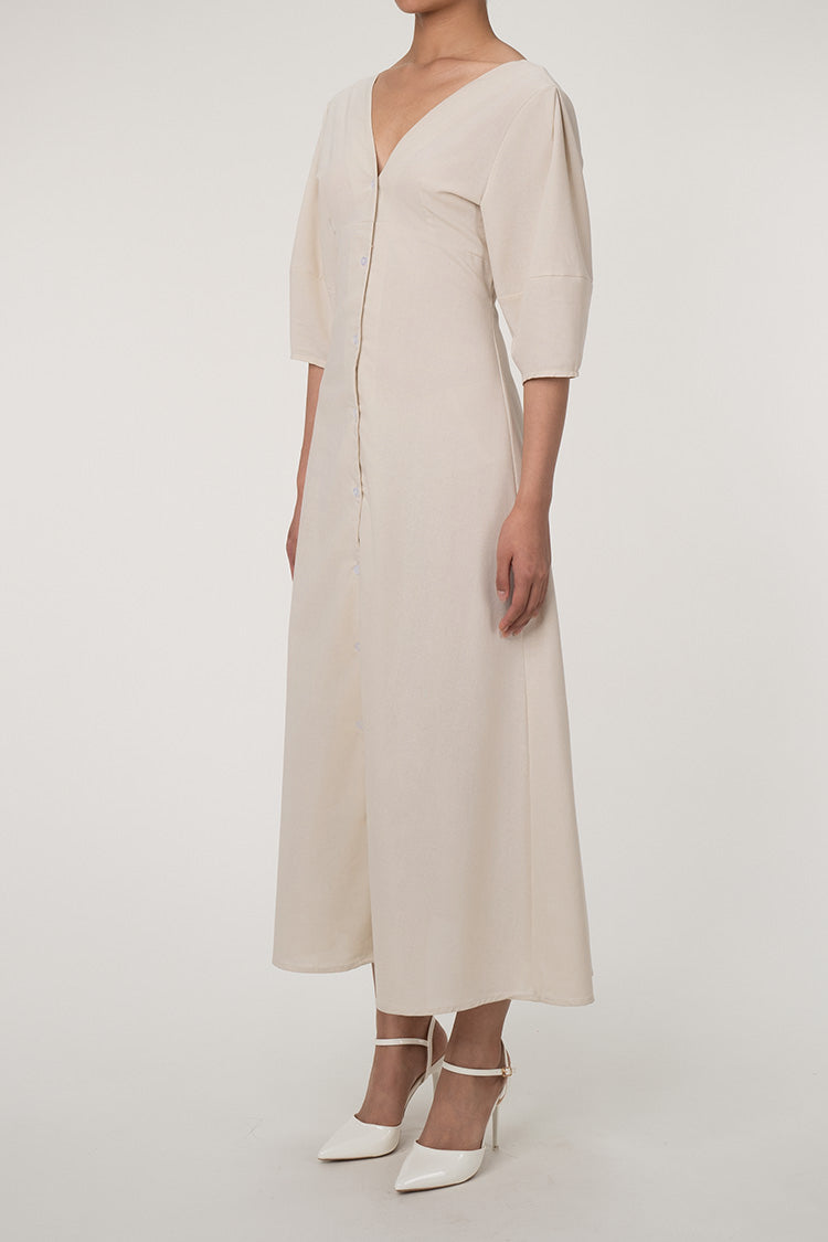 Ralaxed V Neck Button Up Puff Sleeve Linen Blend Midi Dress - Off White