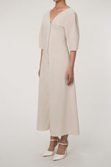 Ralaxed V Neck Button Up Puff Sleeve Linen Blend Midi Dress - Off White