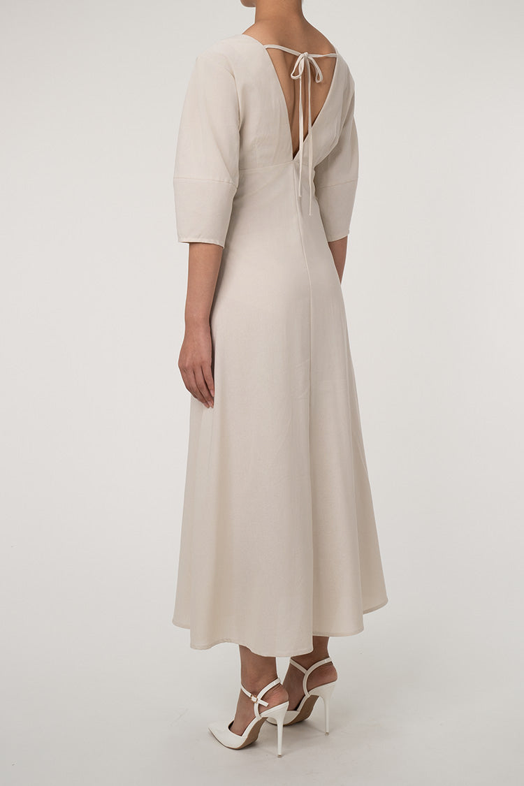 Ralaxed V Neck Button Up Puff Sleeve Linen Blend Midi Dress - Off White