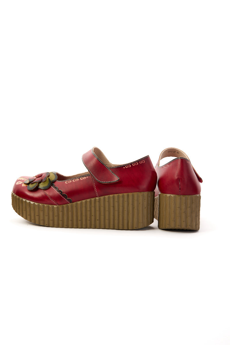 Soffia | Darya Floral Leather Wedge Mary Jane - Red