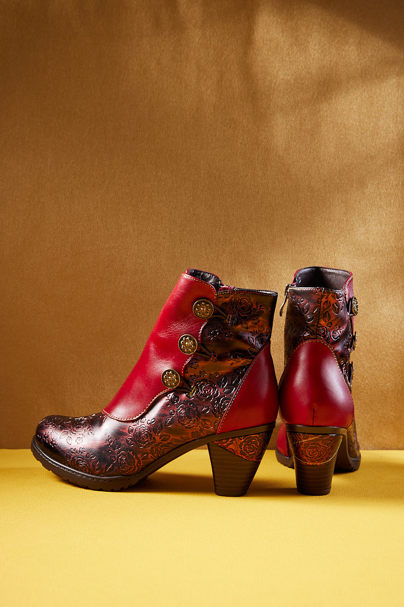 Soffia | Rosalind Rose Embossed Leather Ankle Boots - Red