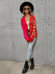 Janelle Leopard Button Up Knit Cardigan - Red