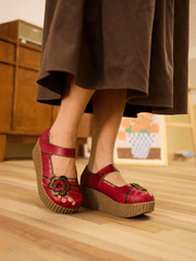 Soffia | Darya Floral Leather Wedge Mary Jane - Red