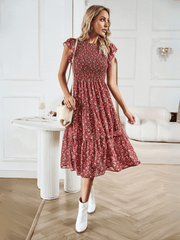 Always Falling Floral Tiered Midi Dress - Red